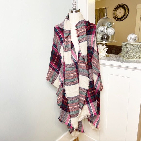 Pink Wool Plaid Tartan Blanket Scarf New Beige Red - Picture 5 of 9